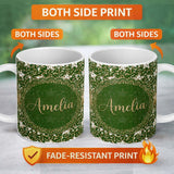 Personalized Custom Name Green Leopard Gold Glitter Christmas Seamless Pattern Lovely 11oz Ceramic Coffee Tea Mug White Large Handle