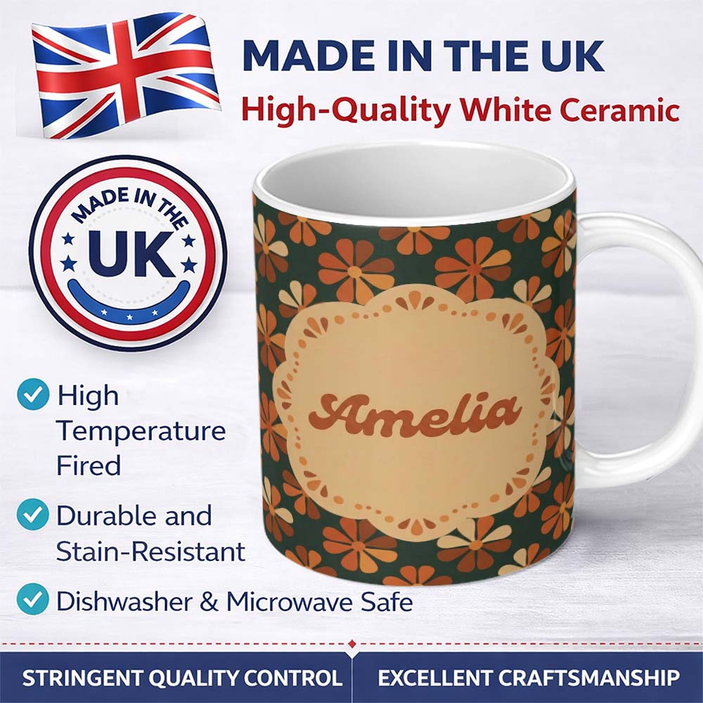 Personalized Custom Name Mid Century Modern Geometric Floral Pattern in Teal and Orange 11oz Ceramic Coffee Tea Mug White Large Handle