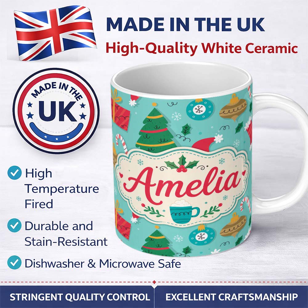 Personalized Custom Name Christmas Mug Candy Cane Ornament Festive Seamless Pattern Lovely 11oz Ceramic Coffee Tea Mug White Large Handle