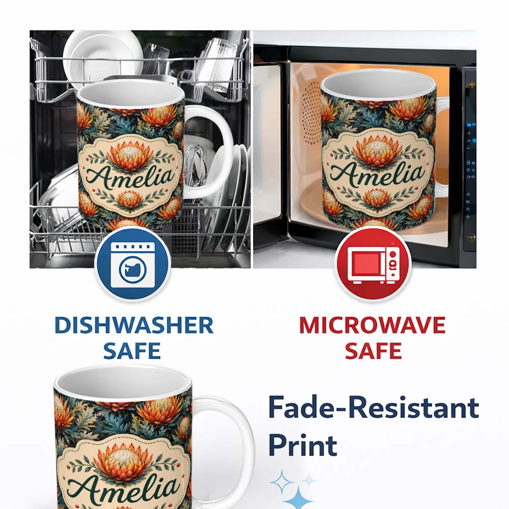Personalized Custom Name Artistic Protea Floral with Blue Leaves Seamless Pattern Lovely 11oz Ceramic Coffee Tea Mug White Large Handle