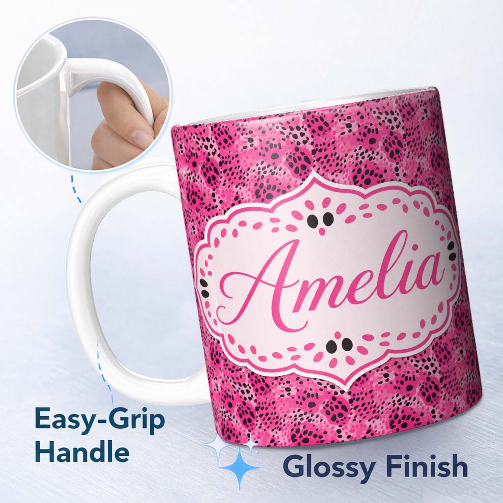 Personalized Custom Name Bright Pink Leopard Spot Seamless Pattern Bold Animal Print Design 11oz Ceramic Coffee Tea Mug White Large Handle