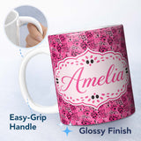 Personalized Custom Name Bright Pink Leopard Spot Seamless Pattern Bold Animal Print Design 11oz Ceramic Coffee Tea Mug White Large Handle
