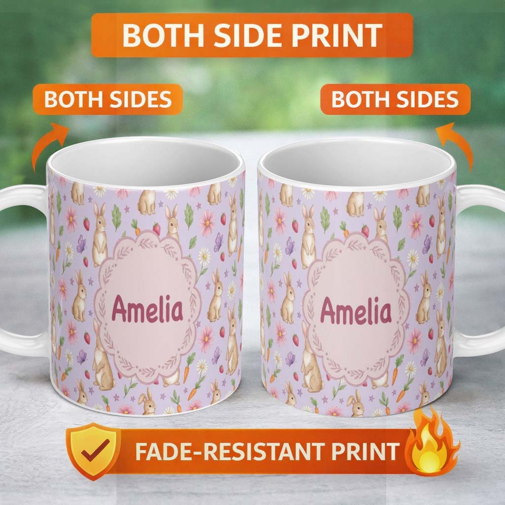 Personalized Custom Name Cute Easter Bunnies with Flowers Carrots Soft Lilac Background 11oz Ceramic Coffee Tea Mug White Large Handle