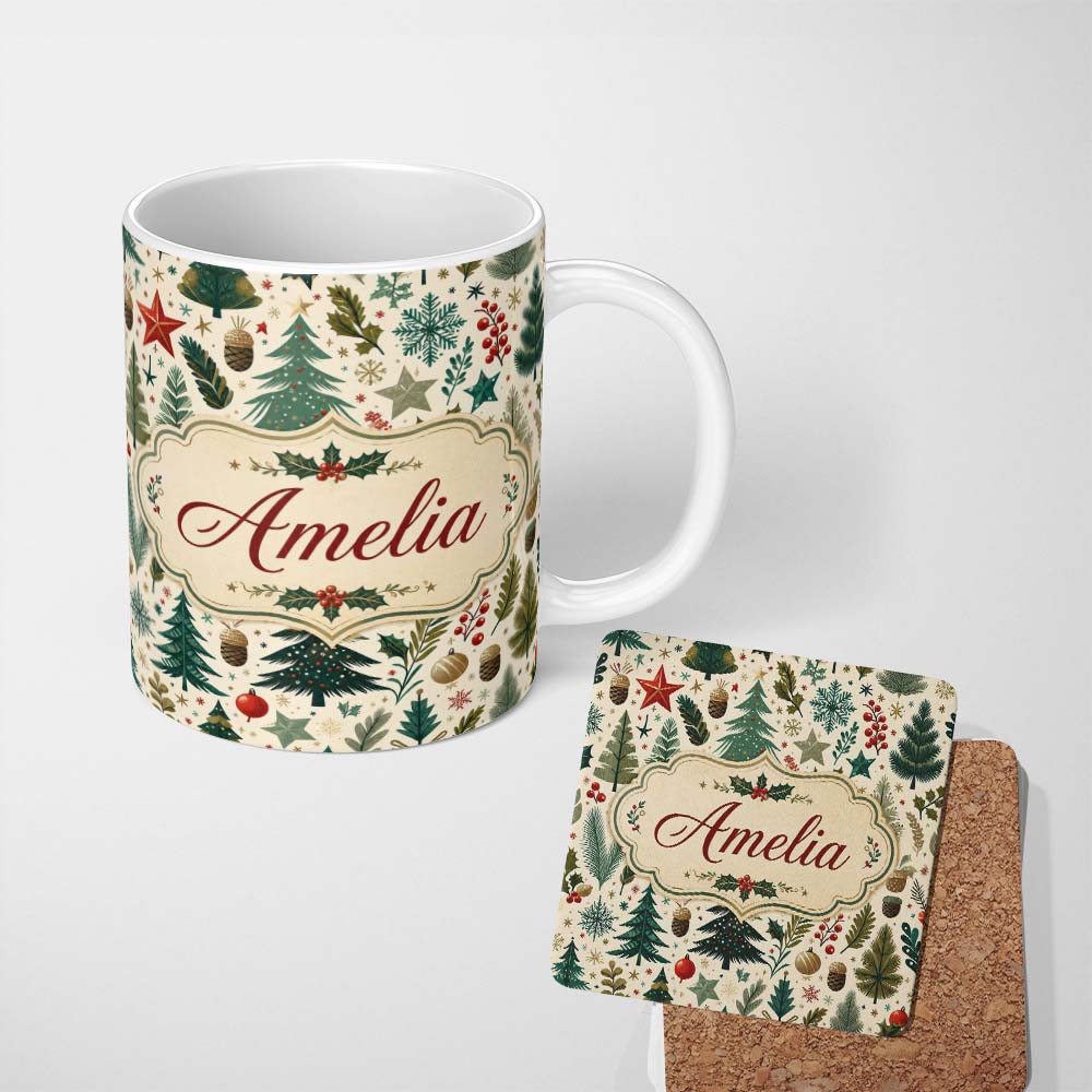 Personalized Custom Name Modern Christmas Trees Holly Leaves Snowflakes Winter Seamless 11oz Ceramic Coffee Tea Mug White Large Handle