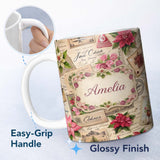 Personalized Custom Name Vintage Floral Christmas Cards Poinsettia Roses and Antique Paper 11oz Ceramic Coffee Tea Mug White Large Handle