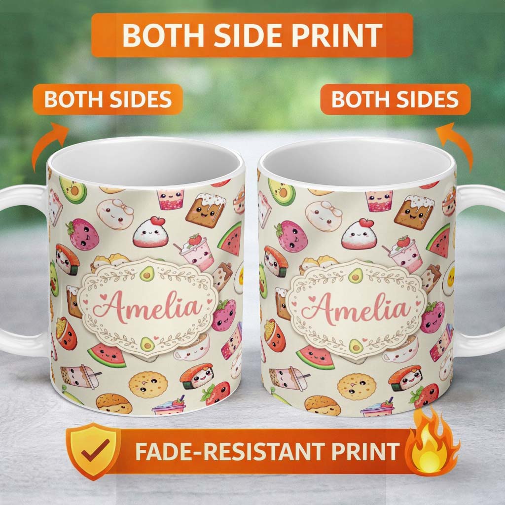 Personalized Custom Name Cute Kawaii Food Characters Seamless Pattern Neutral Background Fun 11oz Ceramic Coffee Tea Mug White Large Handle
