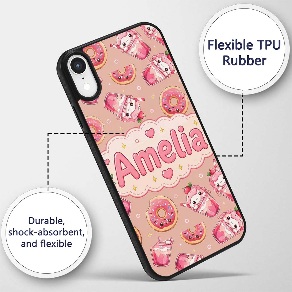 Cute Kawaii Donuts and Strawberry Milkshake Peach Custom Name Protective Phone Case Mobile Cover Durable Everyday Smartphone Shock Resistant