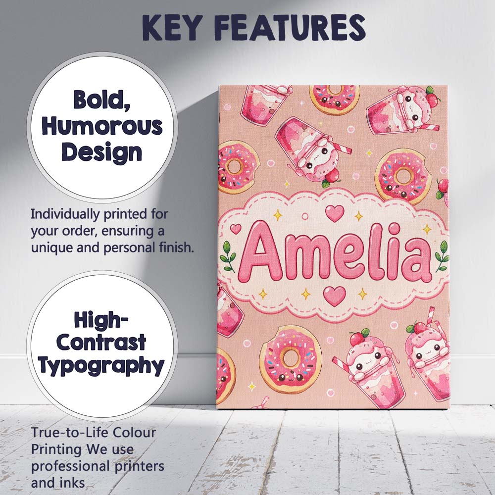 Personalised Name Cute Kawaii Donuts and Custom  Unique Gift Idea Elegant Feature Canvas Wall Art Print Decor Picture Ready to Hang