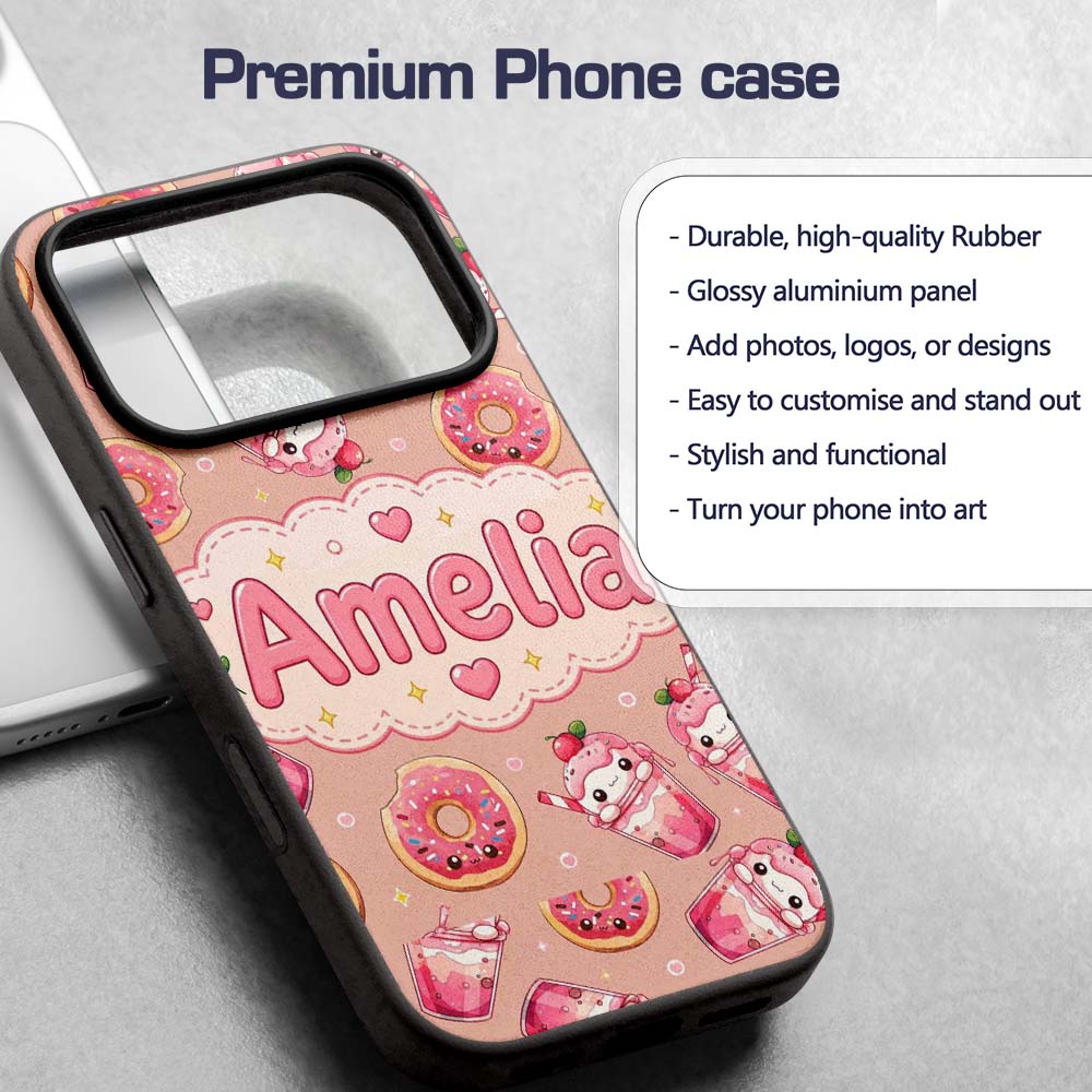 Cute Kawaii Donuts and Strawberry Milkshake Peach Custom Name Protective Phone Case Mobile Cover Durable Everyday Smartphone Shock Resistant