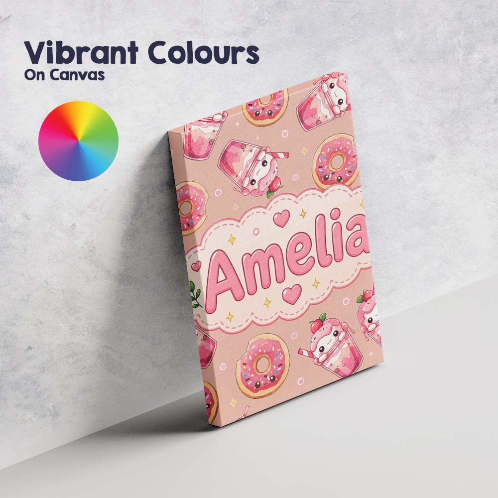 Personalised Name Cute Kawaii Donuts and Custom  Unique Gift Idea Elegant Feature Canvas Wall Art Print Decor Picture Ready to Hang