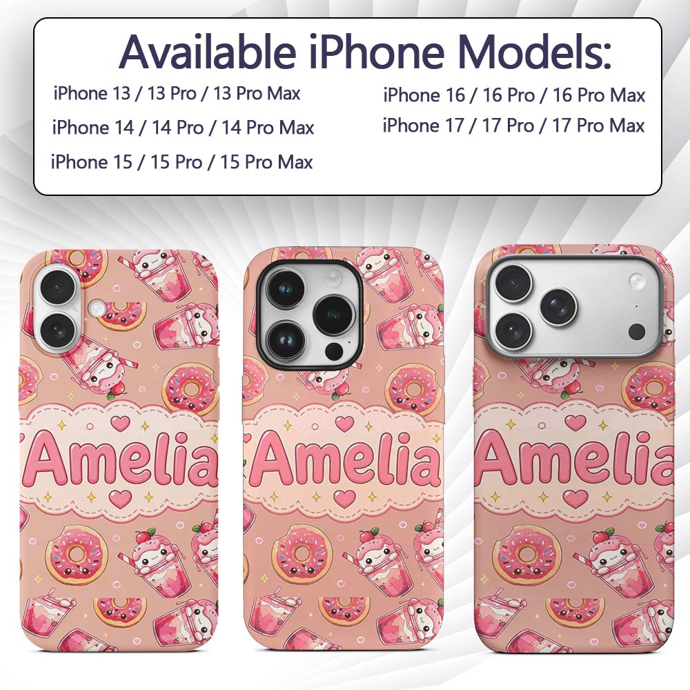 Cute Kawaii Donuts and Strawberry Milkshake Peach Custom Name Protective Phone Case Mobile Cover Durable Everyday Smartphone Shock Resistant