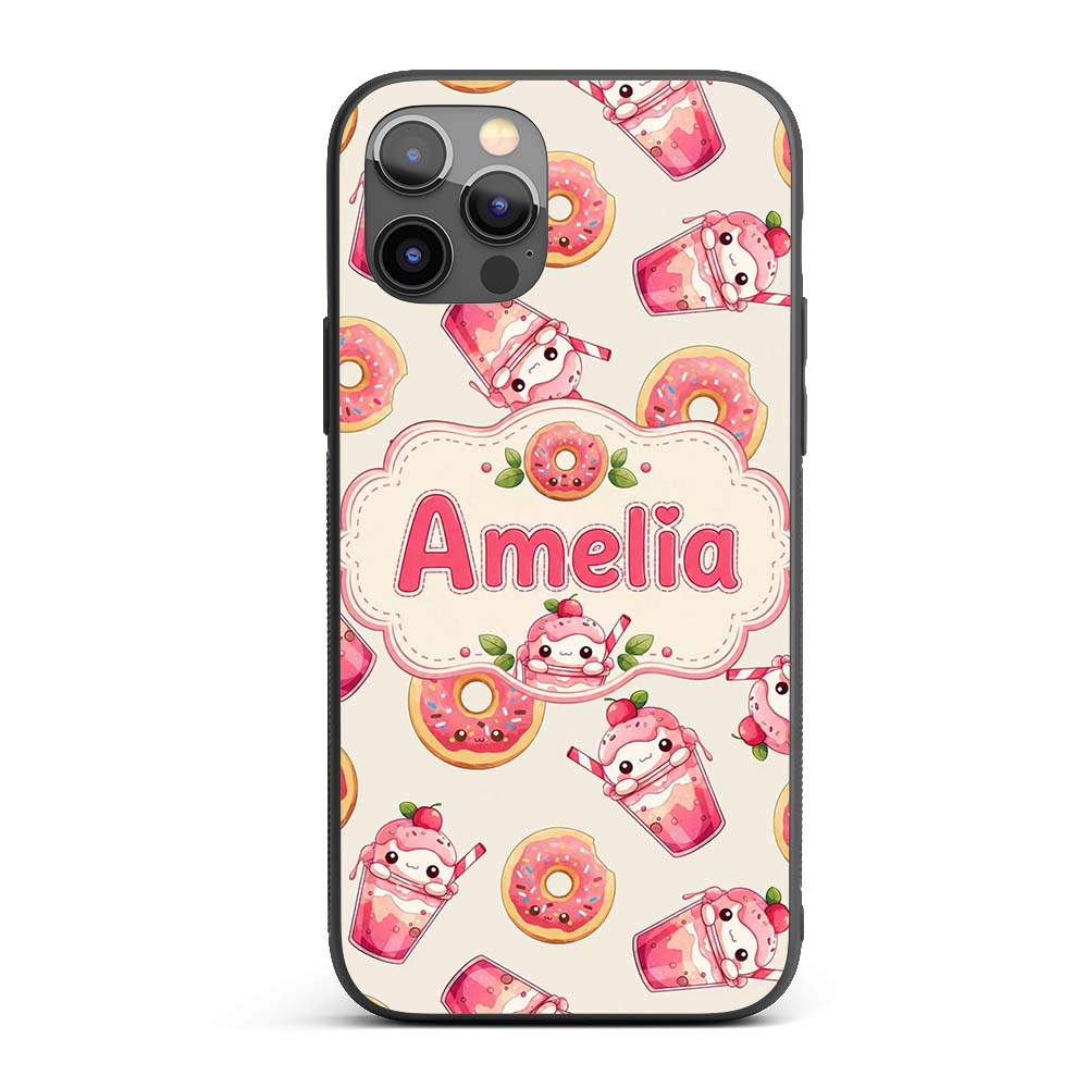 Cute Kawaii Donuts and Strawberry Milkshake Cream Custom Name Protective Phone Case Mobile Cover Durable Everyday Smartphone Shock Resistant