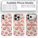 Cute Kawaii Donuts and Strawberry Milkshake Cream Custom Name Protective Phone Case Mobile Cover Durable Everyday Smartphone Shock Resistant