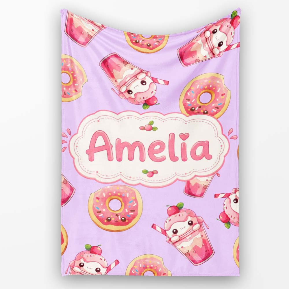 Cute Kawaii Donuts and Strawberry Milkshake Purple Background  Personalised Custom Name Super Soft Fleece Blanket Bed Sofa Throw