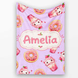 Cute Kawaii Donuts and Strawberry Milkshake Purple Background  Personalised Custom Name Super Soft Fleece Blanket Bed Sofa Throw