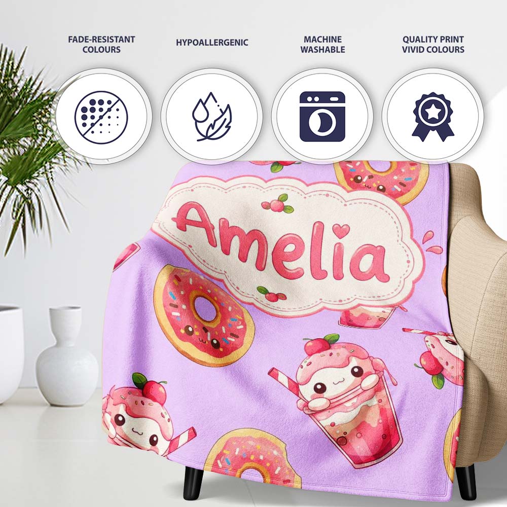 Cute Kawaii Donuts and Strawberry Milkshake Purple Background  Personalised Custom Name Super Soft Fleece Blanket Bed Sofa Throw