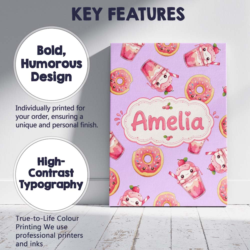Personalised Name Cute Kawaii Donuts and Custom  Unique Gift Idea Elegant Feature Canvas Wall Art Print Decor Picture Ready to Hang