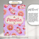 Cute Kawaii Donuts and Strawberry Milkshake Purple Background  Personalised Custom Name Super Soft Fleece Blanket Bed Sofa Throw