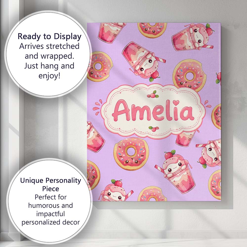 Personalised Name Cute Kawaii Donuts and Custom  Unique Gift Idea Elegant Feature Canvas Wall Art Print Decor Picture Ready to Hang