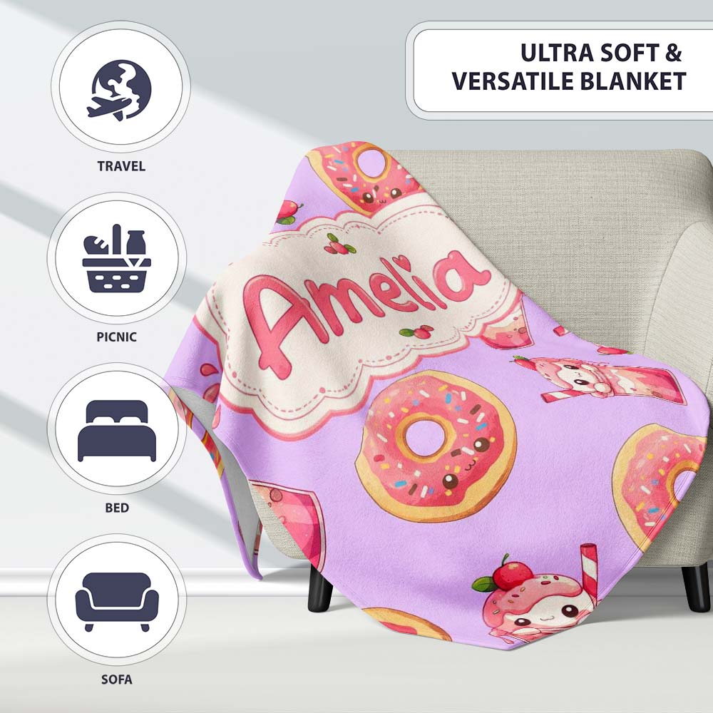 Cute Kawaii Donuts and Strawberry Milkshake Purple Background  Personalised Custom Name Super Soft Fleece Blanket Bed Sofa Throw