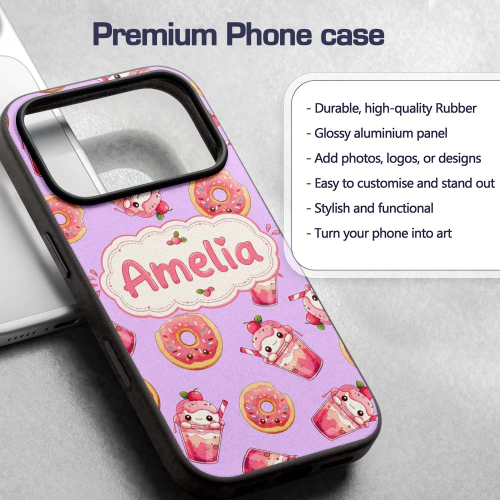 Cute Kawaii Donuts and Strawberry Printed Design Custom Name Protective Phone Case Mobile Cover Durable Everyday Smartphone Shock Resistant