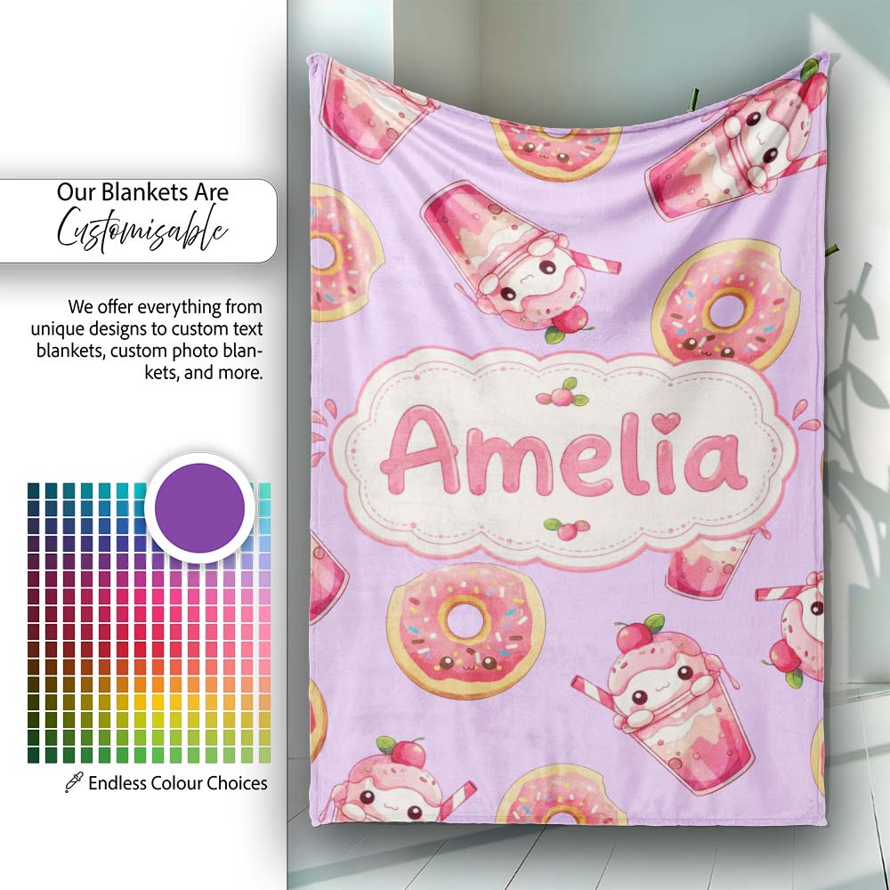 Cute Kawaii Donuts and Strawberry Milkshake Purple Background  Personalised Custom Name Super Soft Fleece Blanket Bed Sofa Throw