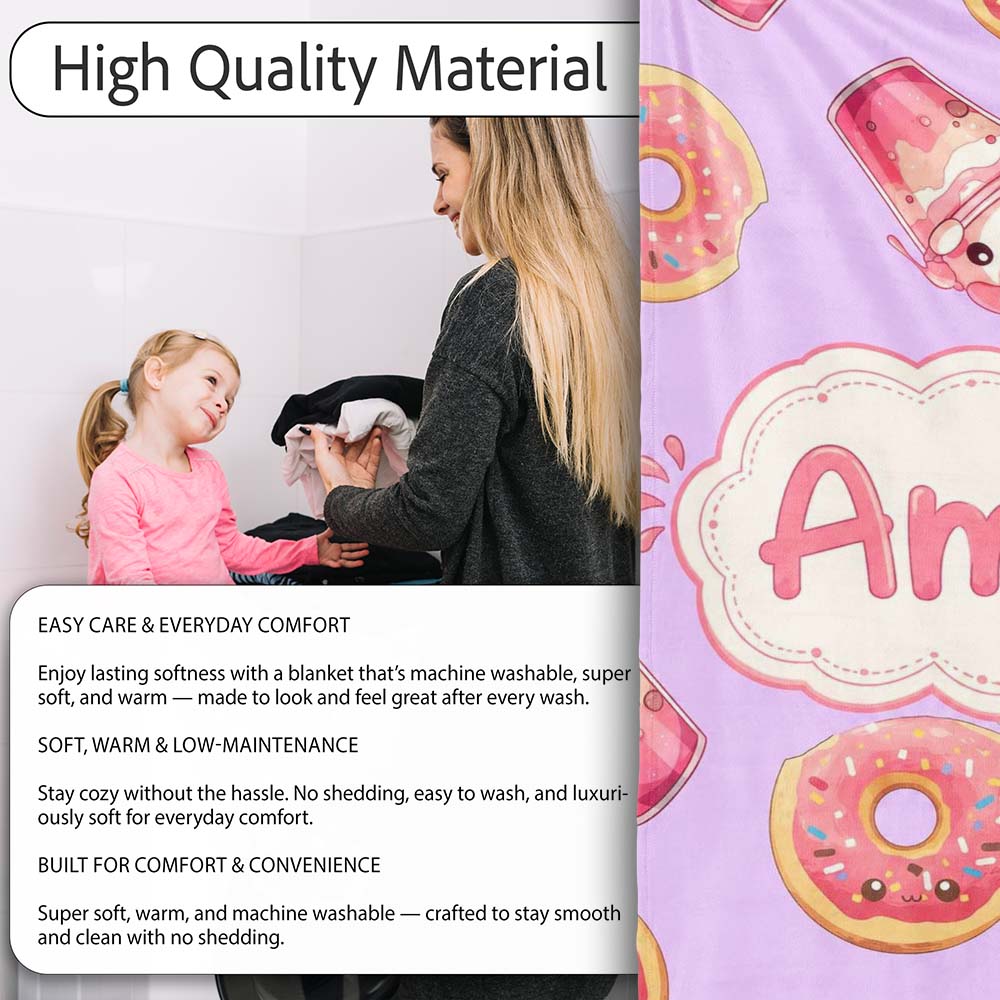 Cute Kawaii Donuts and Strawberry Milkshake Purple Background  Personalised Custom Name Super Soft Fleece Blanket Bed Sofa Throw