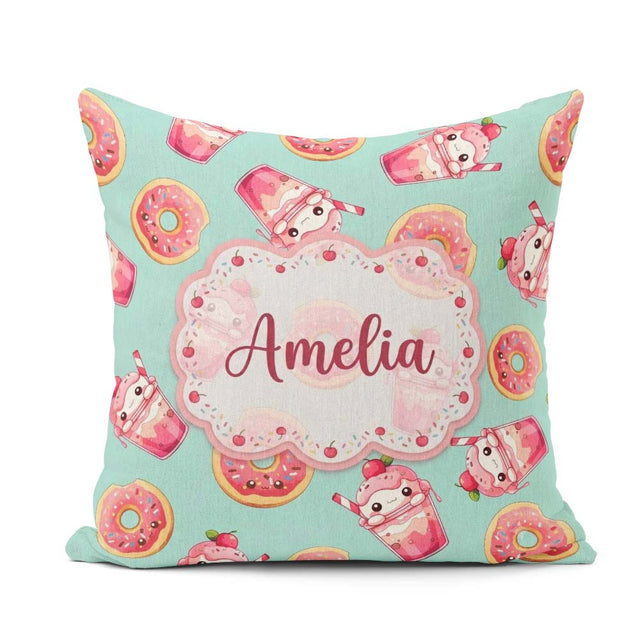 Custom Name Cute Kawaii and Strawberry Milkshake Mint Background Square Filled Cushion Throw Pillow Sofa Bed Home Decor Zip Washable UK Made