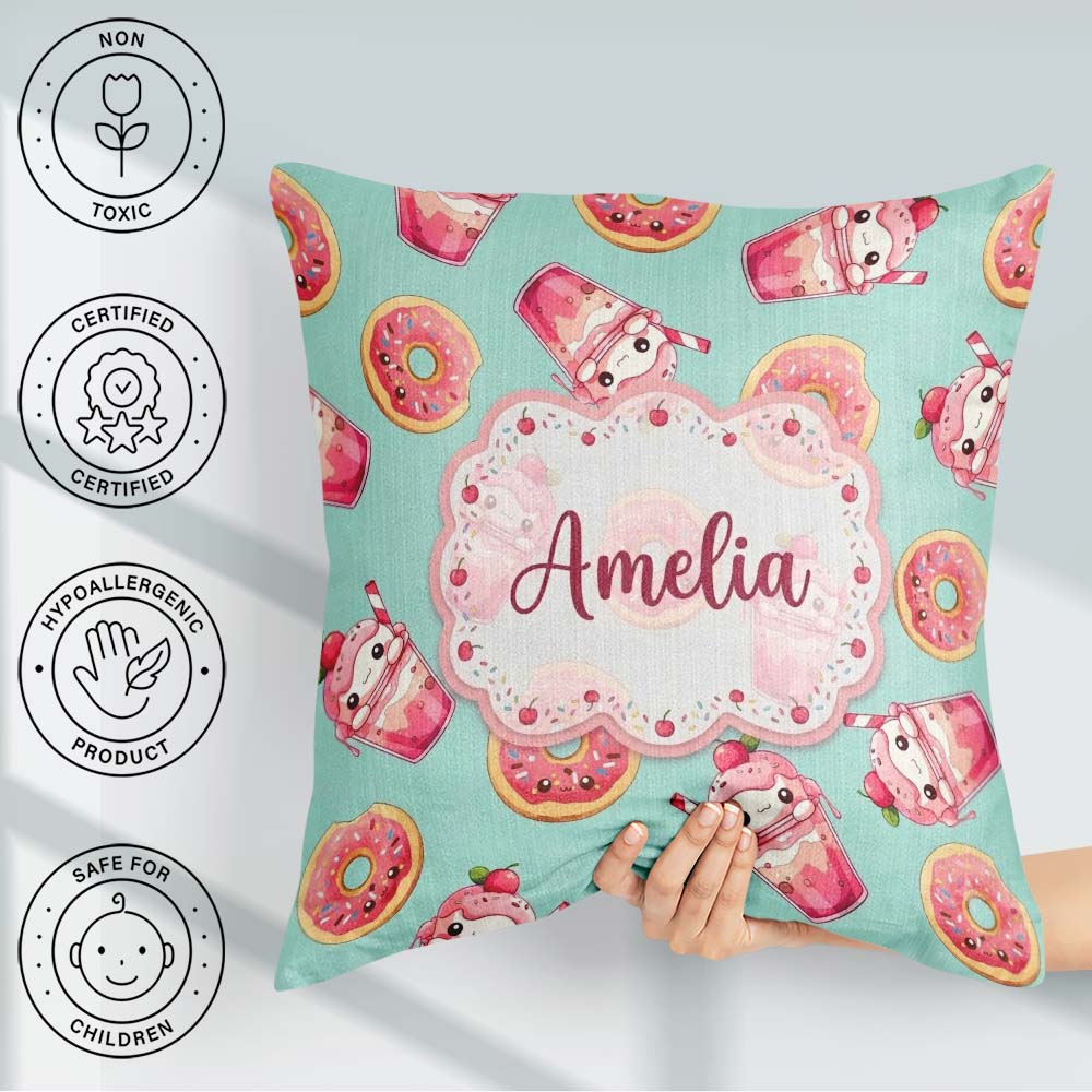 Custom Name Cute Kawaii and Strawberry Milkshake Mint Background Square Filled Cushion Throw Pillow Sofa Bed Home Decor Zip Washable UK Made