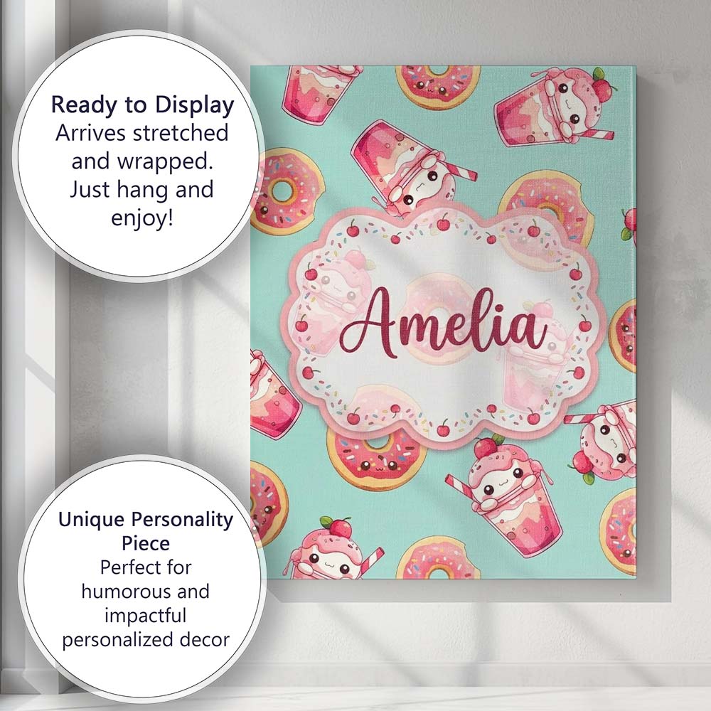 Personalised Name Cute Kawaii Donuts and Custom  Unique Gift Idea Elegant Feature Canvas Wall Art Print Decor Picture Ready to Hang