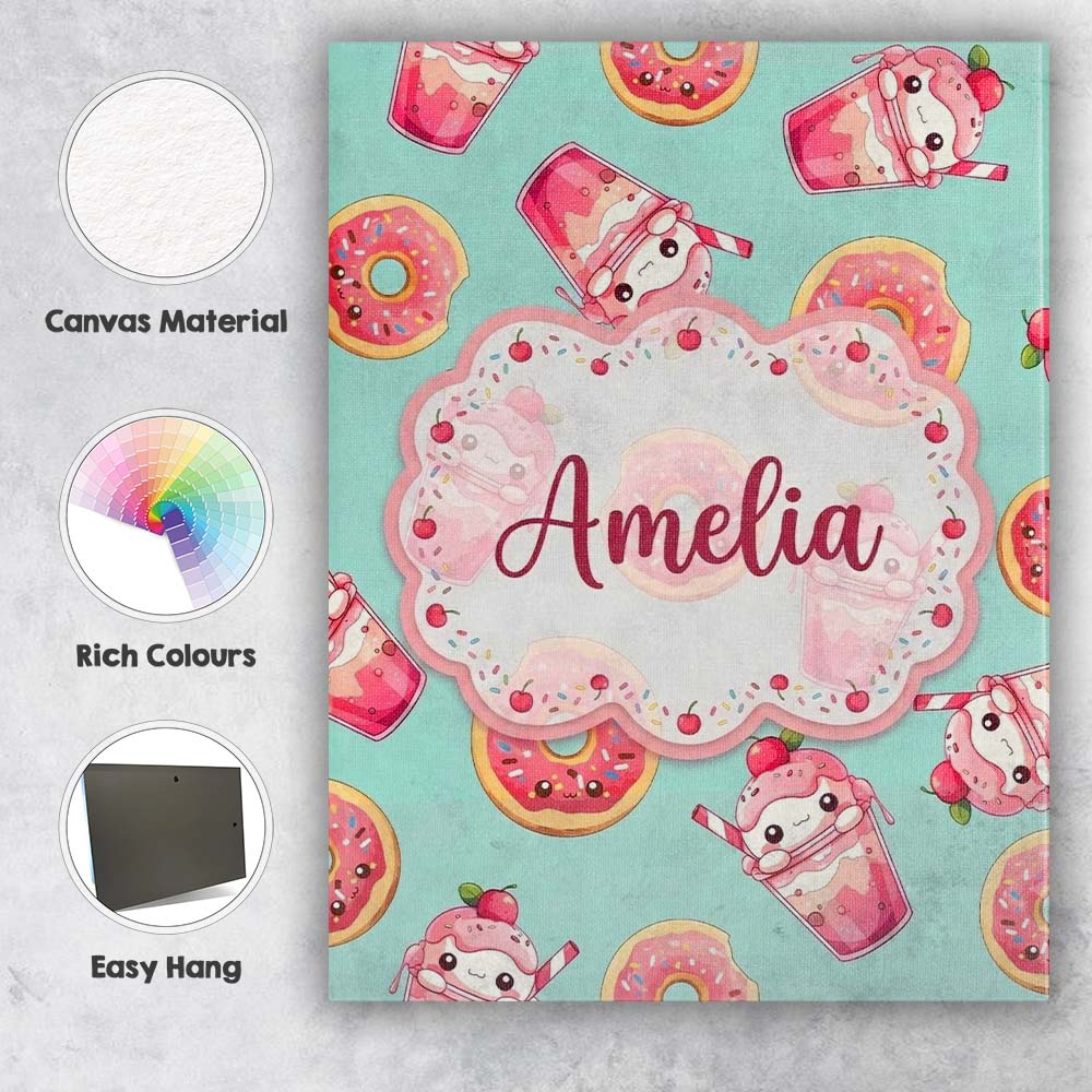 Personalised Name Cute Kawaii Donuts and Custom  Unique Gift Idea Elegant Feature Canvas Wall Art Print Decor Picture Ready to Hang