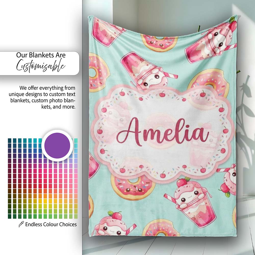 Cute Kawaii Donuts and Strawberry Milkshake Mint Background  Personalised Custom Name Super Soft Fleece Blanket Bed Sofa Throw