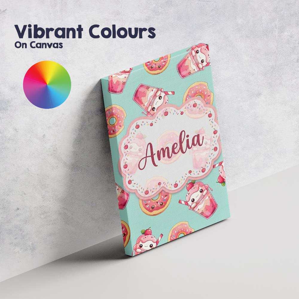 Personalised Name Cute Kawaii Donuts and Custom  Unique Gift Idea Elegant Feature Canvas Wall Art Print Decor Picture Ready to Hang
