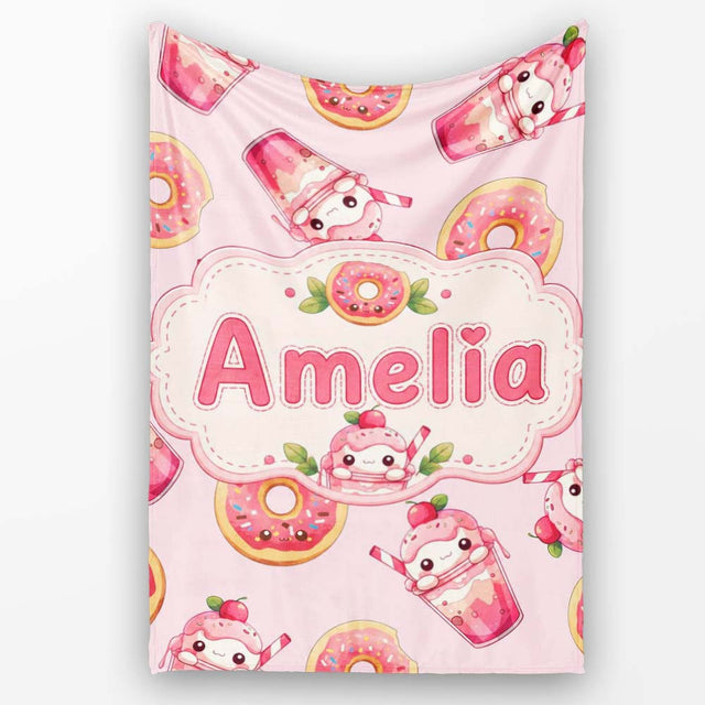 Cute Kawaii Donuts and Strawberry Milkshake Blush Pink Background  Personalised Custom Name Super Soft Fleece Blanket Bed Sofa Throw