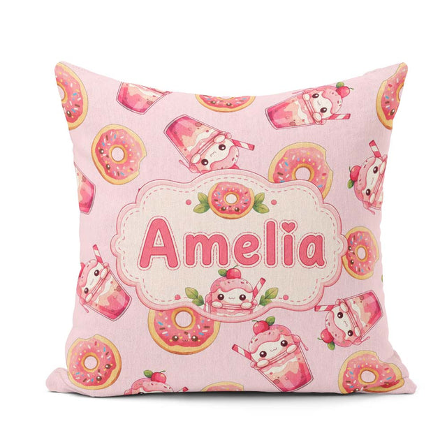 Custom Name Kawaii Donuts and Strawberry Blush Pink Background Square Filled Cushion Throw Pillow Sofa Bed Home Decor Zip Washable UK Made