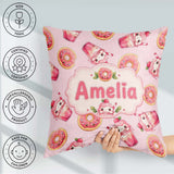 Custom Name Kawaii Donuts and Strawberry Blush Pink Background Square Filled Cushion Throw Pillow Sofa Bed Home Decor Zip Washable UK Made