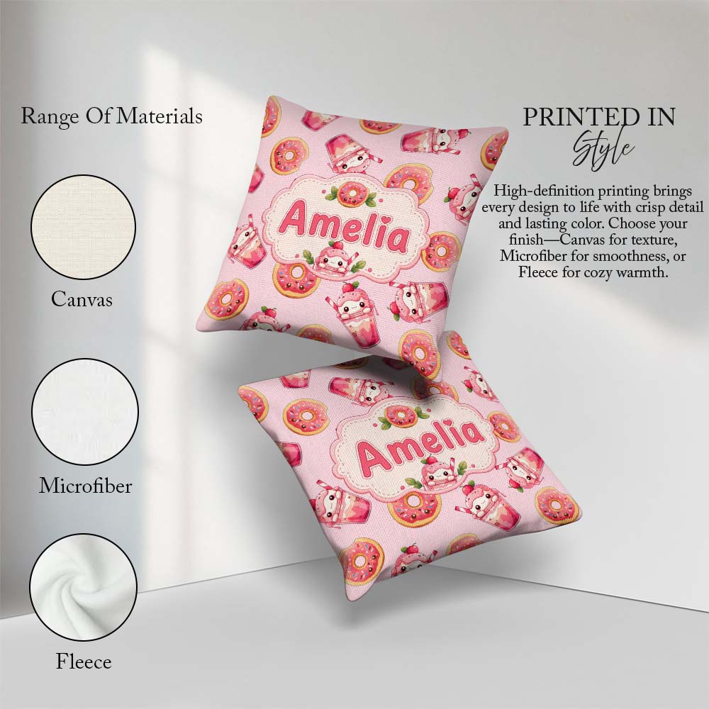 Custom Name Kawaii Donuts and Strawberry Blush Pink Background Square Filled Cushion Throw Pillow Sofa Bed Home Decor Zip Washable UK Made