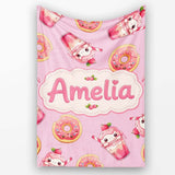 Cute Kawaii Donuts and Strawberry Milkshake Pink Background  Personalised Custom Name Super Soft Fleece Blanket Bed Sofa Throw