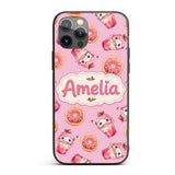 Cute Kawaii Donuts and Strawberry Milkshake Pink Custom Name Protective Phone Case Mobile Cover Durable Everyday Smartphone Shock Resistant
