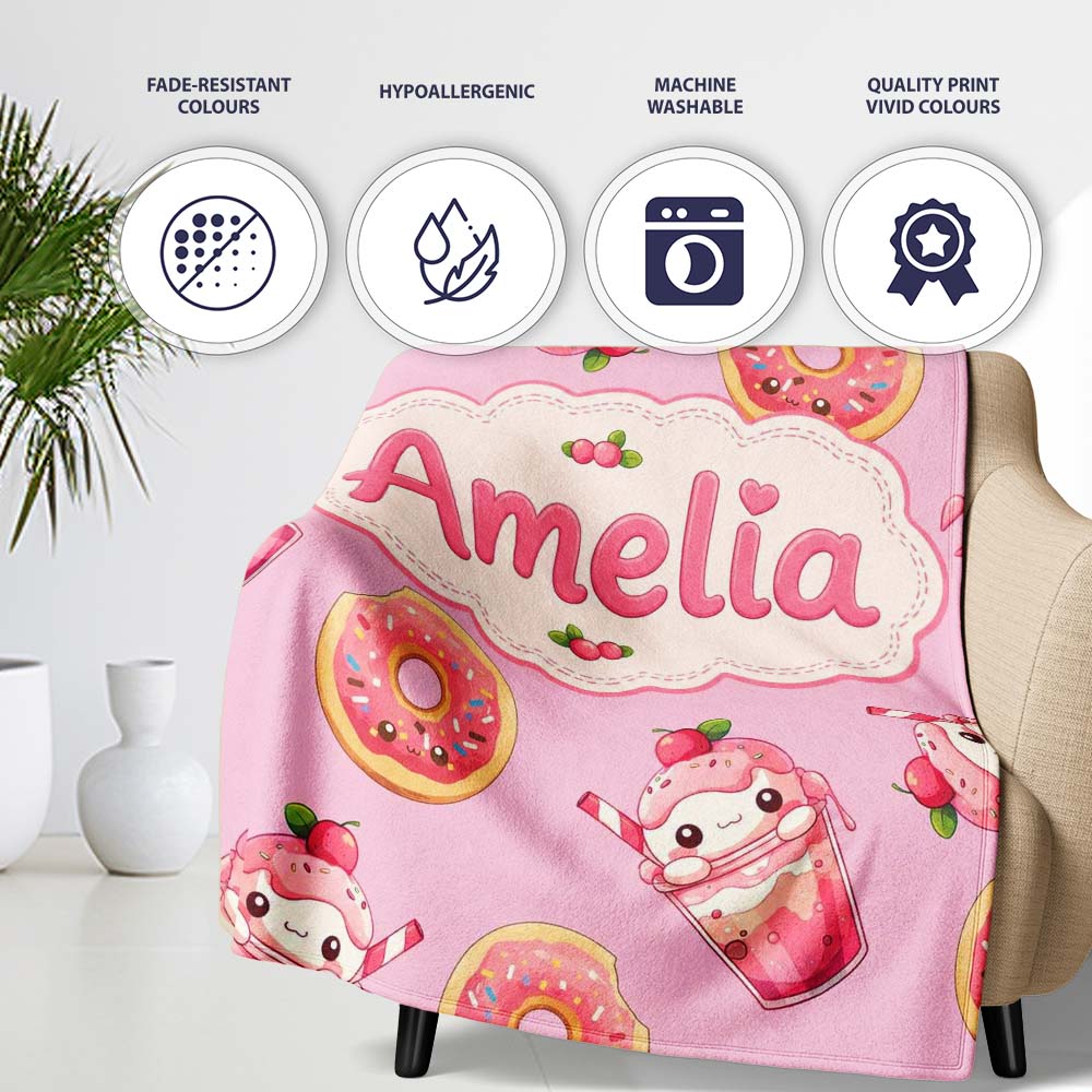 Cute Kawaii Donuts and Strawberry Milkshake Pink Background  Personalised Custom Name Super Soft Fleece Blanket Bed Sofa Throw
