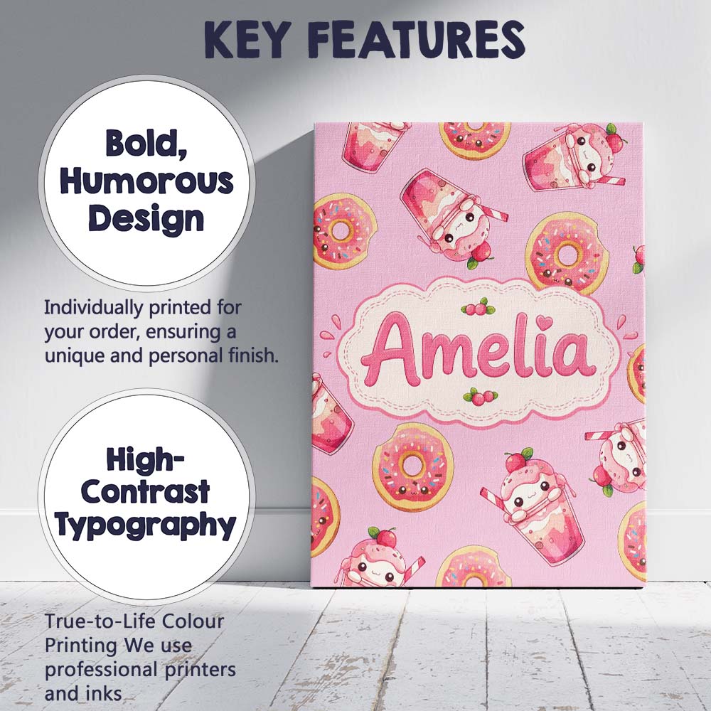 Personalised Name Cute Kawaii Donuts and Custom  Unique Gift Idea Elegant Feature Canvas Wall Art Print Decor Picture Ready to Hang