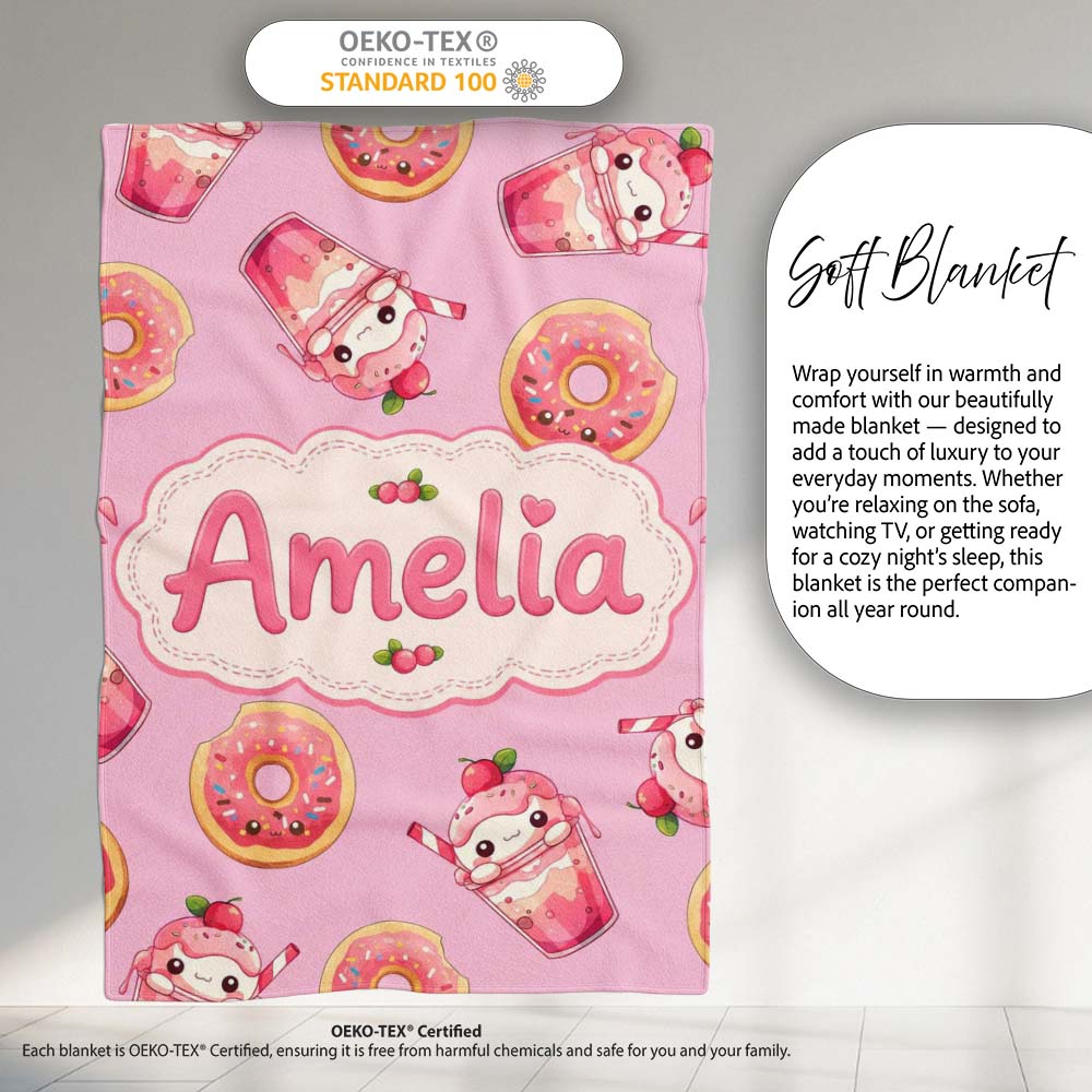 Cute Kawaii Donuts and Strawberry Milkshake Pink Background  Personalised Custom Name Super Soft Fleece Blanket Bed Sofa Throw