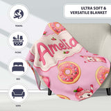 Cute Kawaii Donuts and Strawberry Milkshake Pink Background  Personalised Custom Name Super Soft Fleece Blanket Bed Sofa Throw