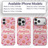 Cute Kawaii Donuts and Strawberry Milkshake Pink Custom Name Protective Phone Case Mobile Cover Durable Everyday Smartphone Shock Resistant