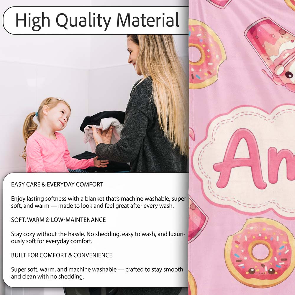 Cute Kawaii Donuts and Strawberry Milkshake Pink Background  Personalised Custom Name Super Soft Fleece Blanket Bed Sofa Throw