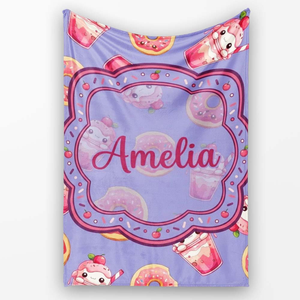 Cute Kawaii Donuts and Strawberry Milkshake Blue Background  Personalised Custom Name Super Soft Fleece Blanket Bed Sofa Throw