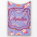 Cute Kawaii Donuts and Strawberry Milkshake Blue Background  Personalised Custom Name Super Soft Fleece Blanket Bed Sofa Throw
