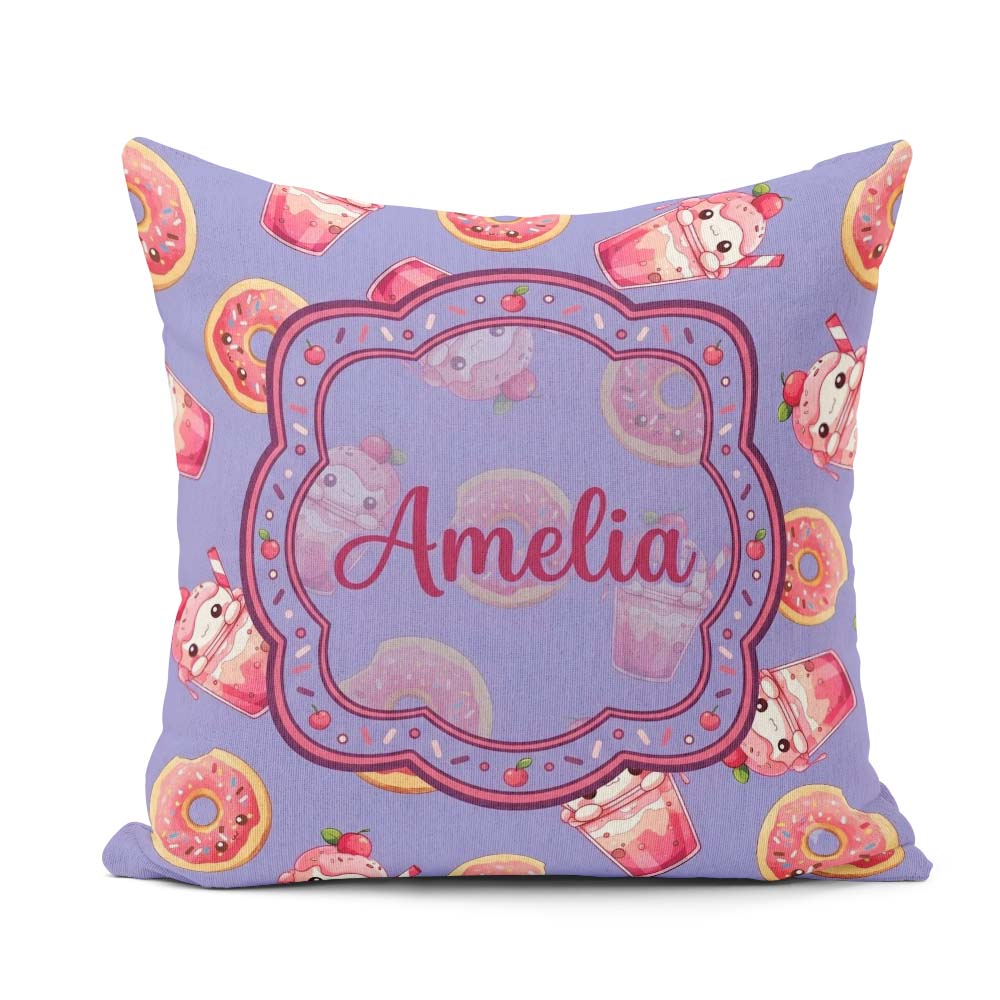 Custom Name Cute Kawaii and Strawberry Milkshake Blue Background Square Filled Cushion Throw Pillow Sofa Bed Home Decor Zip Washable UK Made