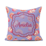 Custom Name Cute Kawaii and Strawberry Milkshake Blue Background Square Filled Cushion Throw Pillow Sofa Bed Home Decor Zip Washable UK Made