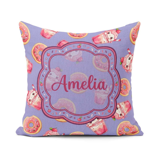 Custom Name Cute Kawaii and Strawberry Milkshake Blue Background Square Filled Cushion Throw Pillow Sofa Bed Home Decor Zip Washable UK Made